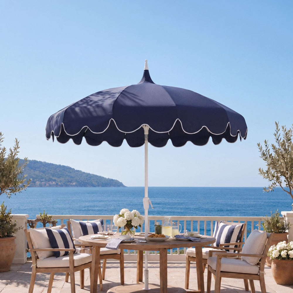 Maple 8 ft. Classic Coastal Scalloped Lotus Pagoda Market Patio Umbrella with Auto-Tilt Crank Wind Vent and UV Protection