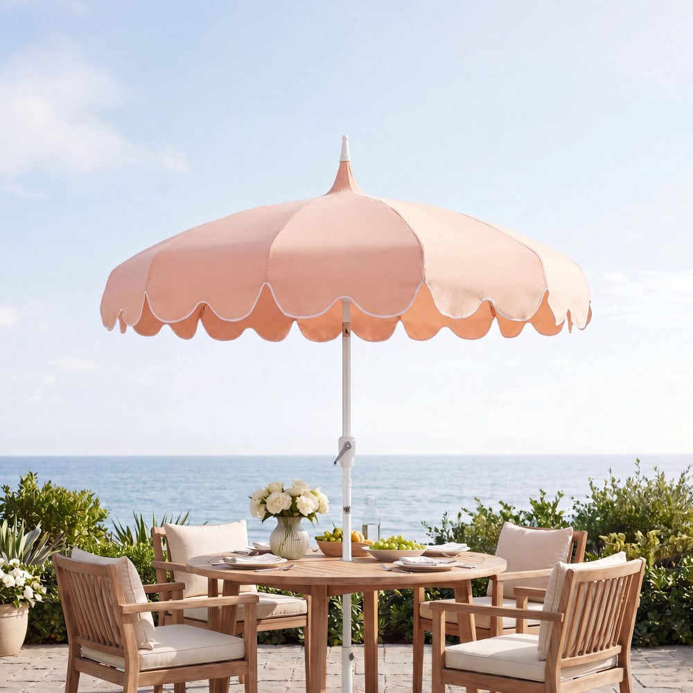 Maple 8 ft. Classic Coastal Scalloped Lotus Pagoda Market Patio Umbrella with Auto-Tilt Crank Wind Vent and UV Protection