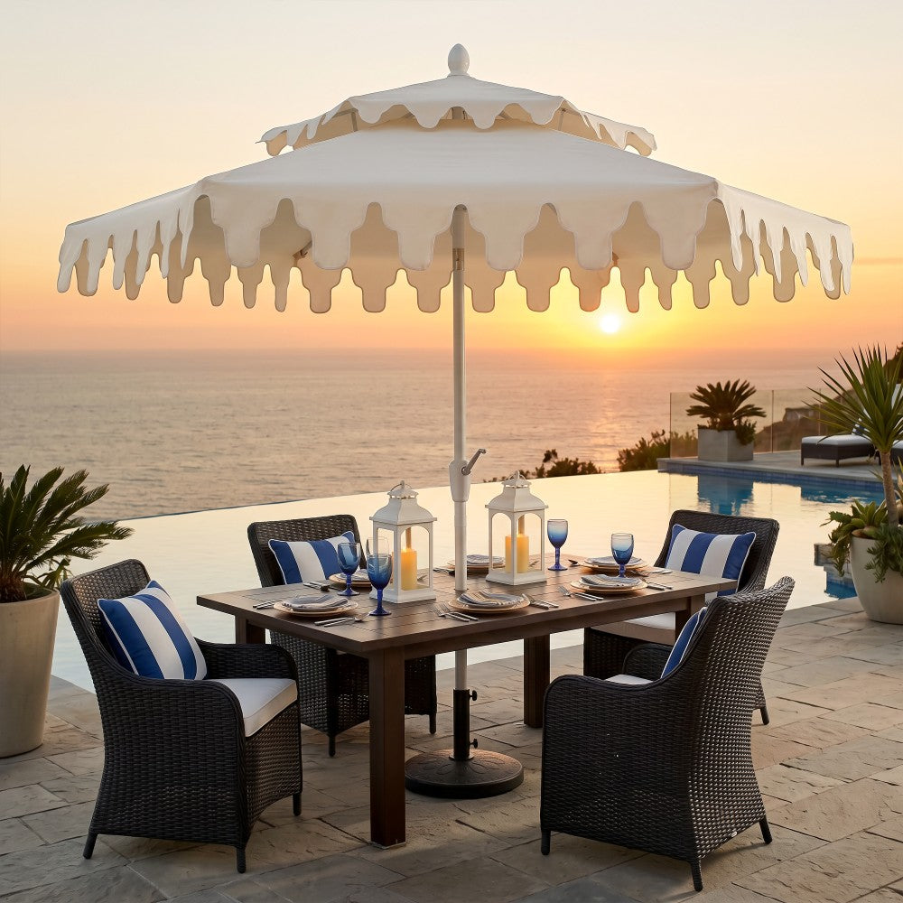 Mossbank 8.5 ft. Coastal Double-Tiered Castle Market Patio Umbrella with Auto-Tilt Crank Wind Vent and UV Protection