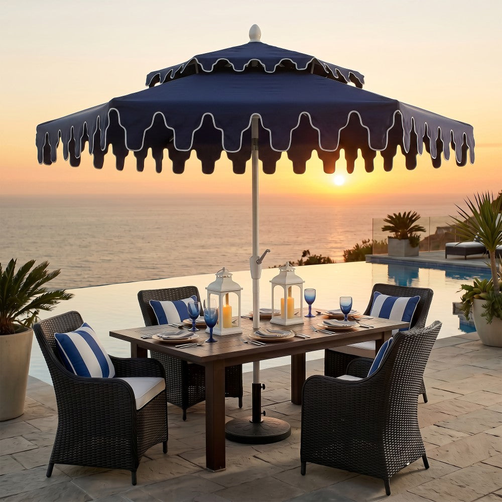 Mossbank 8.5 ft. Coastal Double-Tiered Castle Market Patio Umbrella with Auto-Tilt Crank Wind Vent and UV Protection