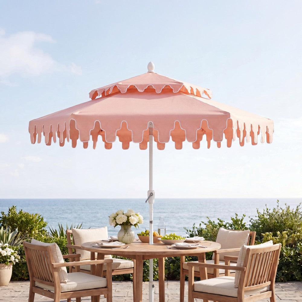 Mossbank 8.5 ft. Coastal Double-Tiered Castle Market Patio Umbrella with Auto-Tilt Crank Wind Vent and UV Protection