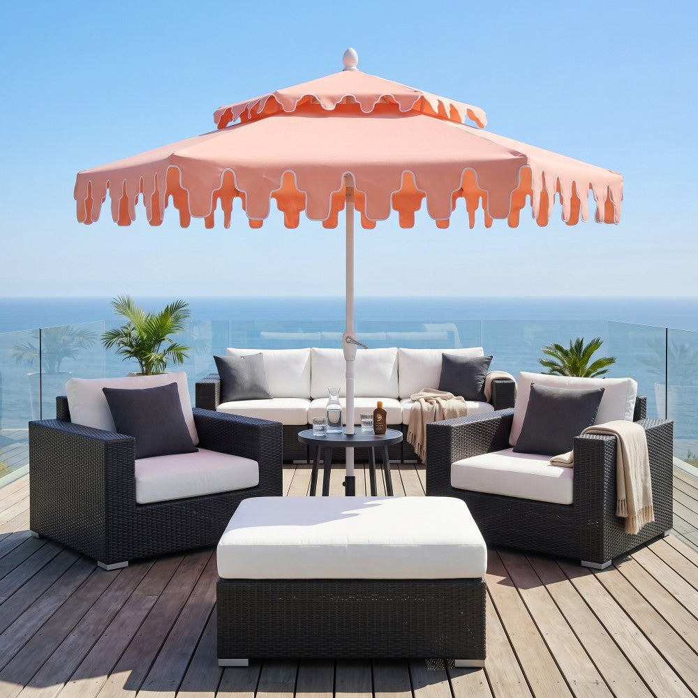 Mossbank 8.5 ft. Coastal Double-Tiered Castle Market Patio Umbrella with Auto-Tilt Crank Wind Vent and UV Protection