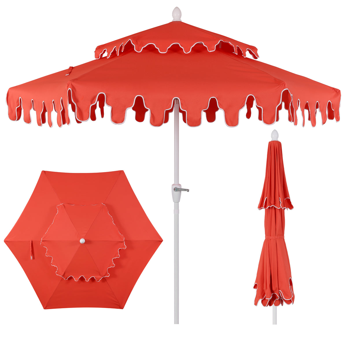 Mossbank 8.5 ft. Coastal Double-Tiered Castle Market Patio Umbrella with Auto-Tilt Crank Wind Vent and UV Protection