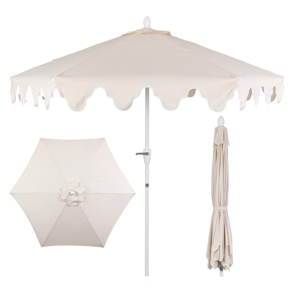 Oakhaven 9 ft. Bohemian Coastal Lotus Scallop Market Patio Umbrella with Auto-Tilt Crank Wind Vent and UV Protection