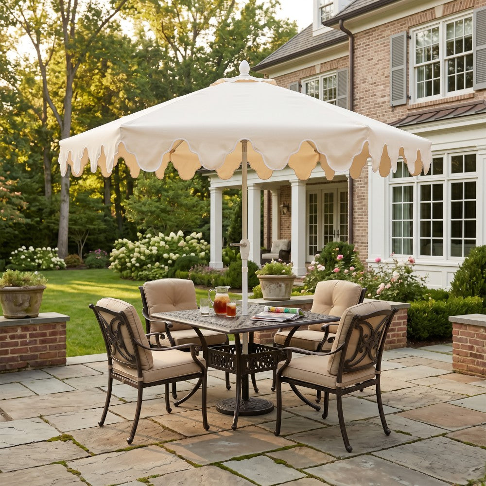 Oakhaven 9 ft. Bohemian Coastal Lotus Scallop Market Patio Umbrella with Auto-Tilt Crank Wind Vent and UV Protection