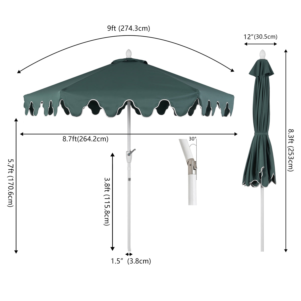 Oakhaven 9 ft. Bohemian Coastal Lotus Scallop Market Patio Umbrella with Auto-Tilt Crank Wind Vent and UV Protection