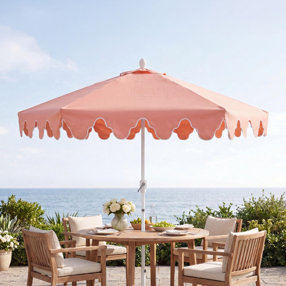 Oakhaven 9 ft. Bohemian Coastal Lotus Scallop Market Patio Umbrella with Auto-Tilt Crank Wind Vent and UV Protection