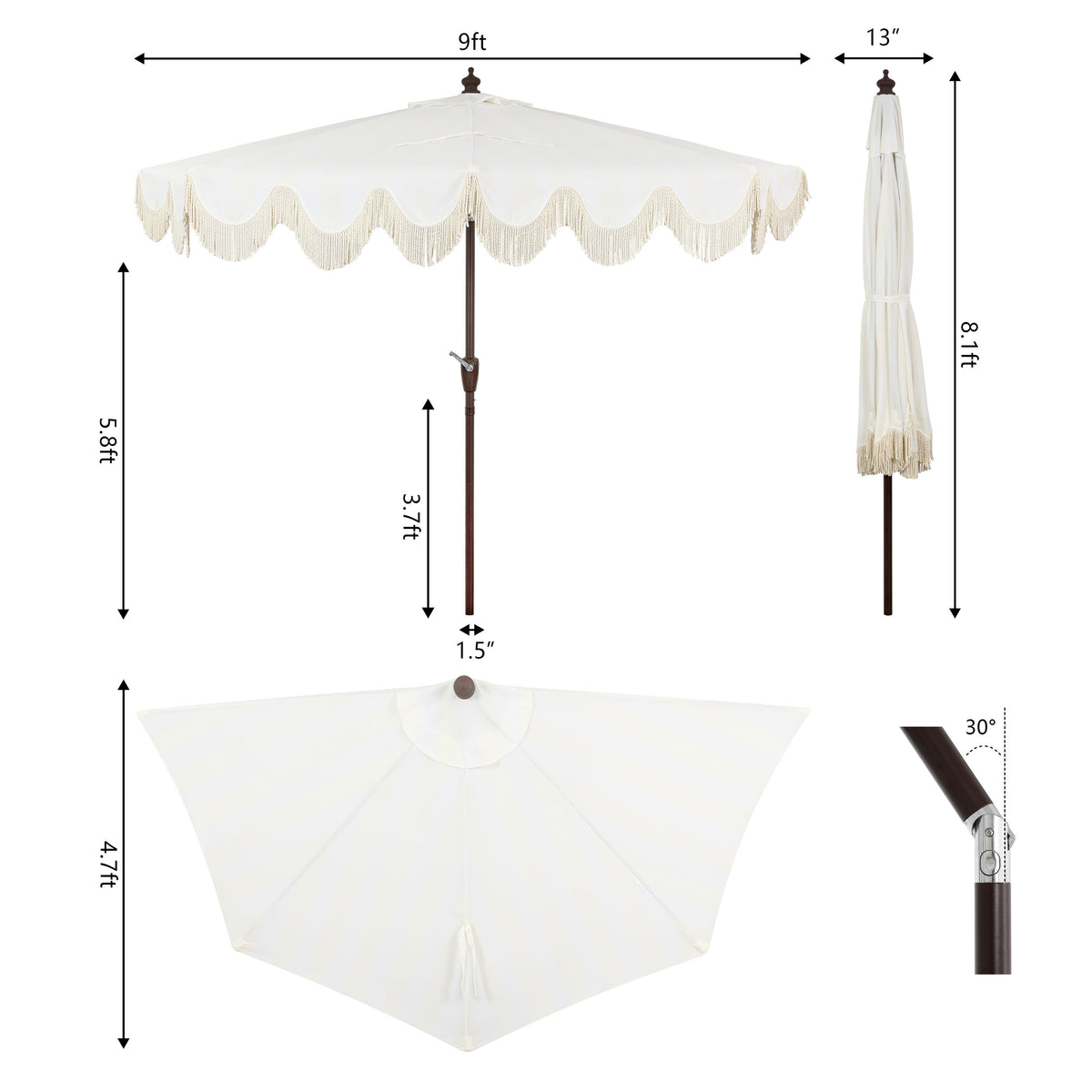 Looney 9 ft. Designer Classic Scalloped Fringe Half Market Patio Umbrella
