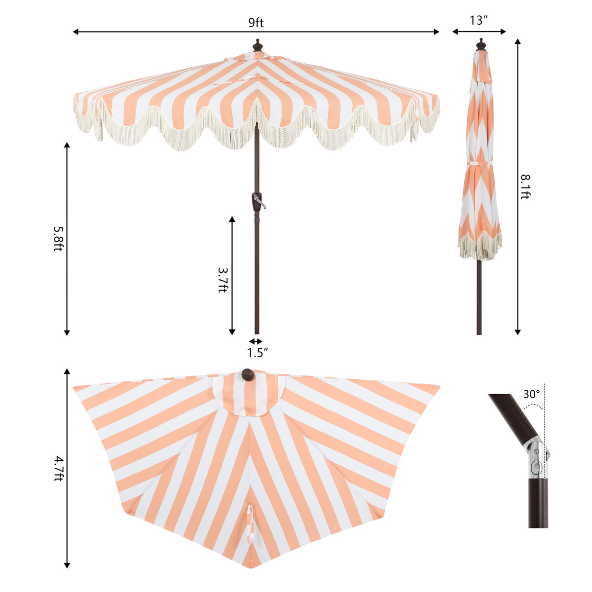 Looney 9 ft. Designer Classic Scalloped Fringe Half Market Patio Umbrella
