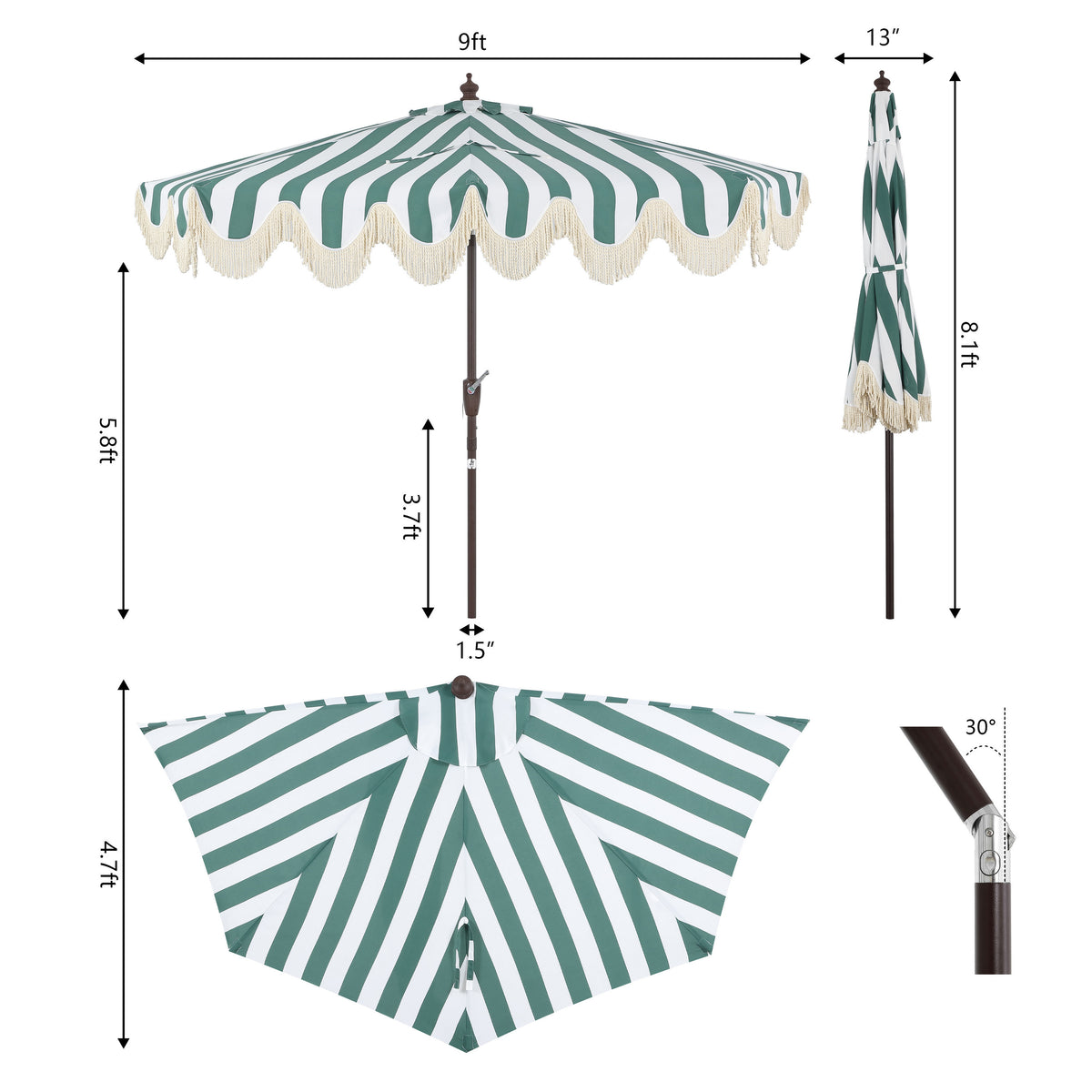 Looney 9 ft. Designer Classic Scalloped Fringe Half Market Patio Umbrella