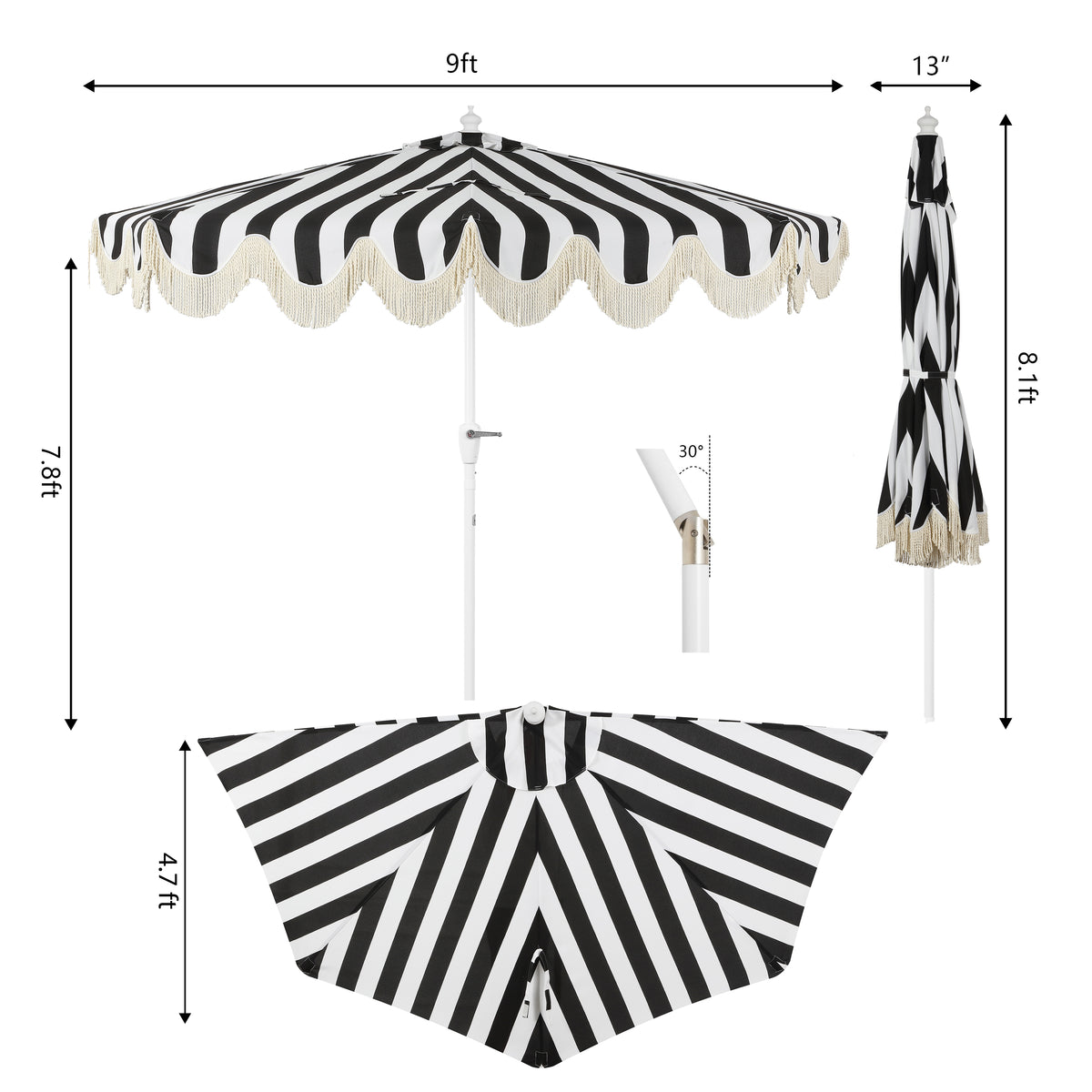 Looney 9 ft. Designer Classic Scalloped Fringe Half Market Patio Umbrella