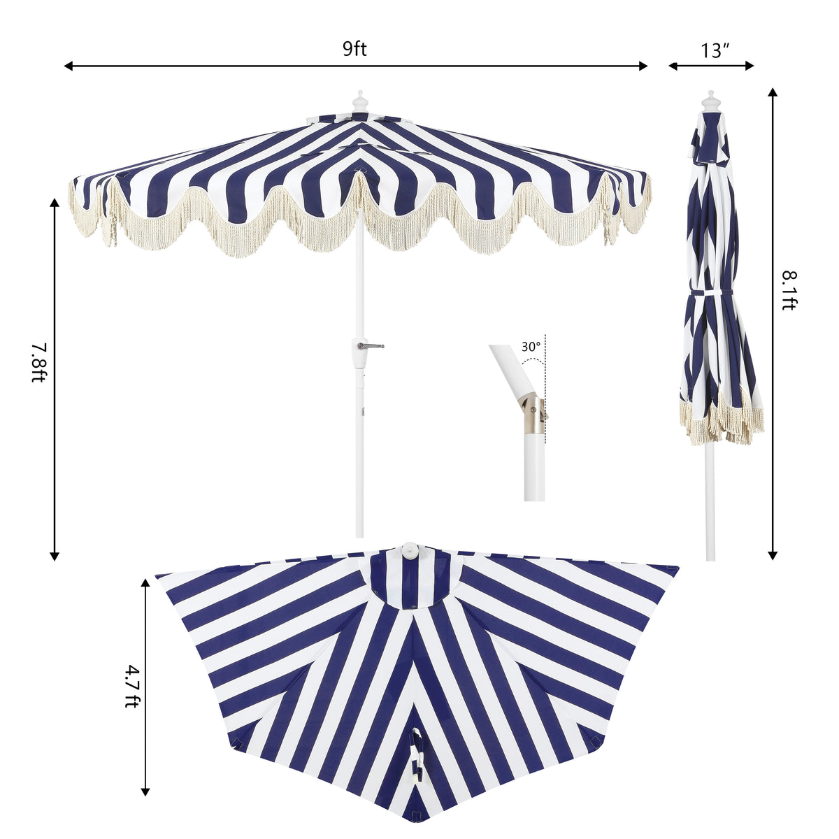 Looney 9 ft. Designer Classic Scalloped Fringe Half Market Patio Umbrella