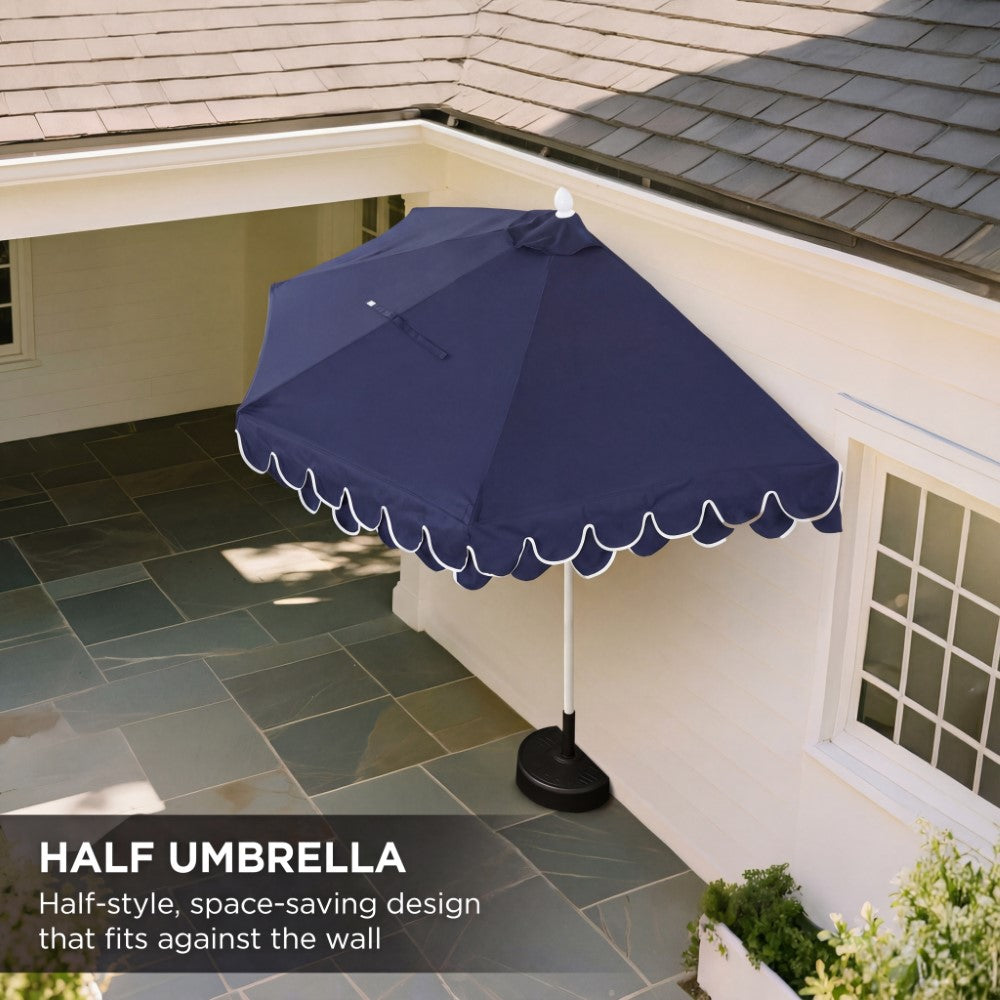 Shah Arc 9 ft. Classic MidCentury Scalloped Fringe Market Patio Half Umbrella with CrankTilt Button and UV Protection