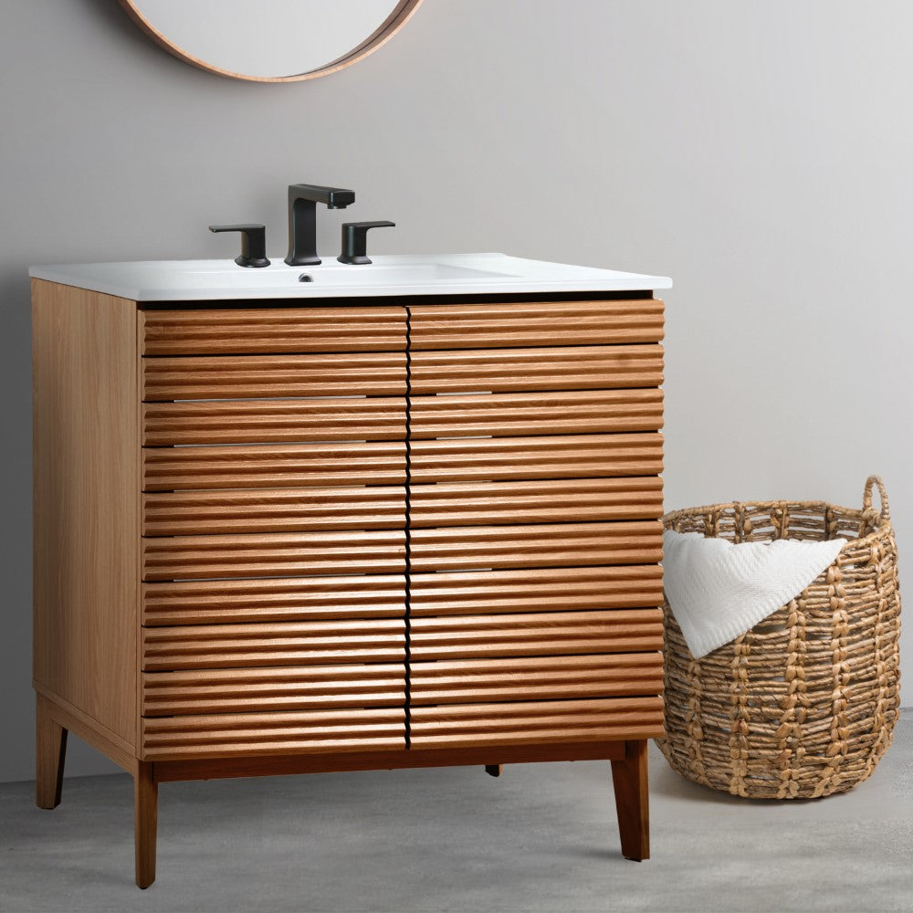 Cala Thin Linear Slat Modern Farmhouse 2-Shelf Bath Vanity Cabinet Only (Sink Basin not Included)