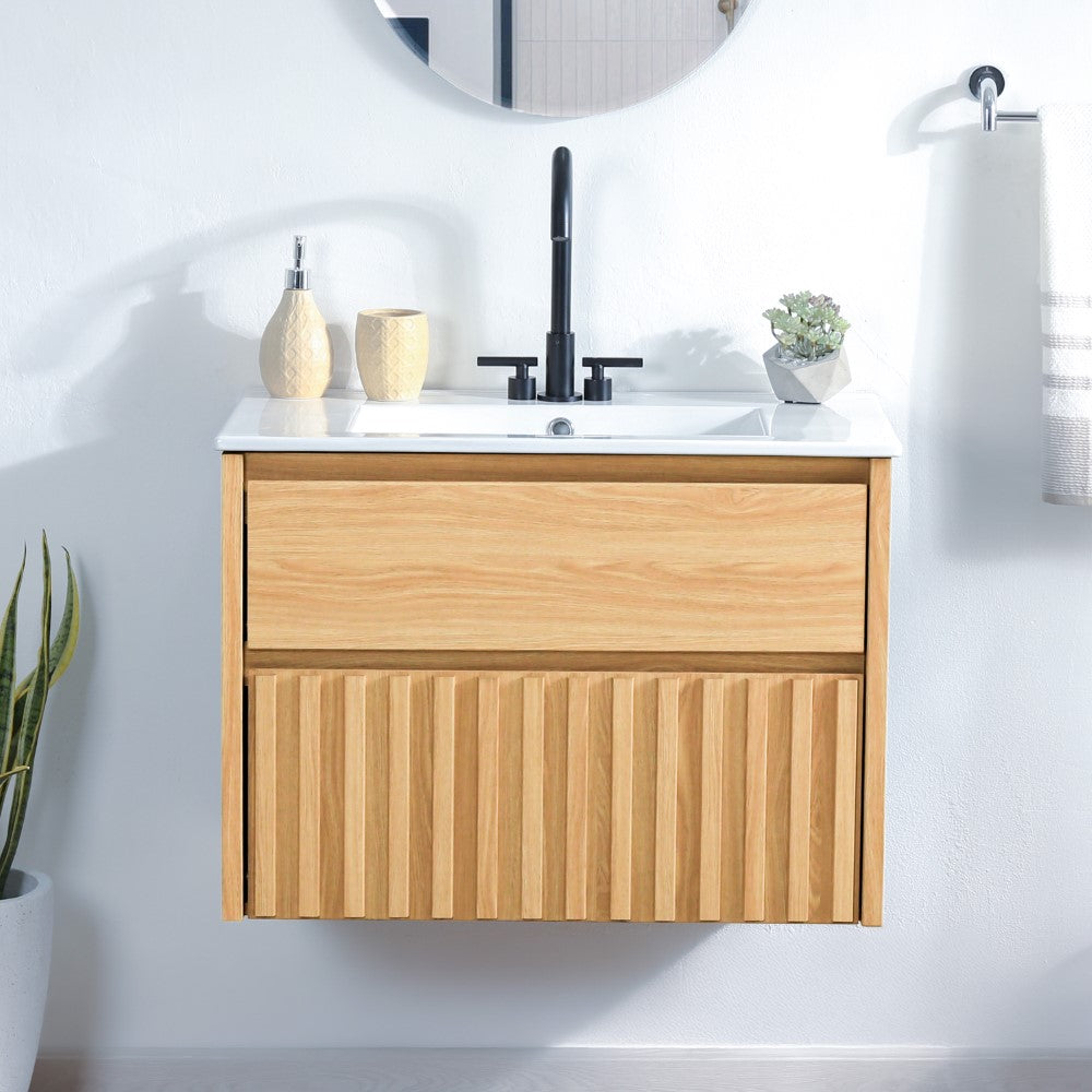 Pine Slat Modern Coastal 2-Drawer Wall Mounted Bath Vanity Cabinet Only (Sink Basin Not Included)