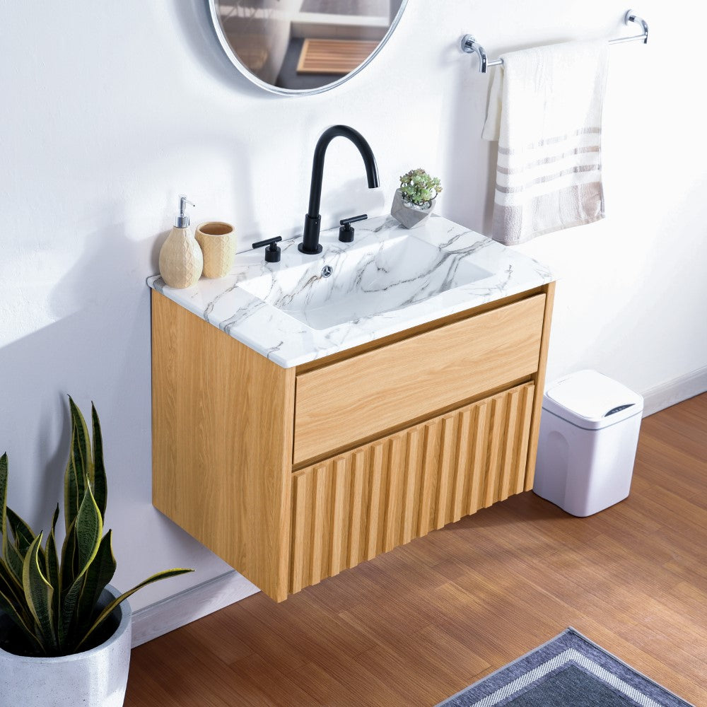 Pine Slat Modern Coastal 2-Drawer Wall Mounted Bath Vanity Cabinet Only (Sink Basin Not Included)