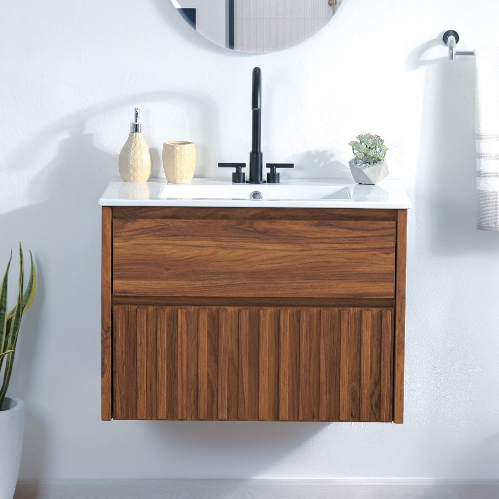 Pine Slat Modern Coastal 2-Drawer Wall Mounted Bath Vanity Cabinet Only (Sink Basin Not Included)