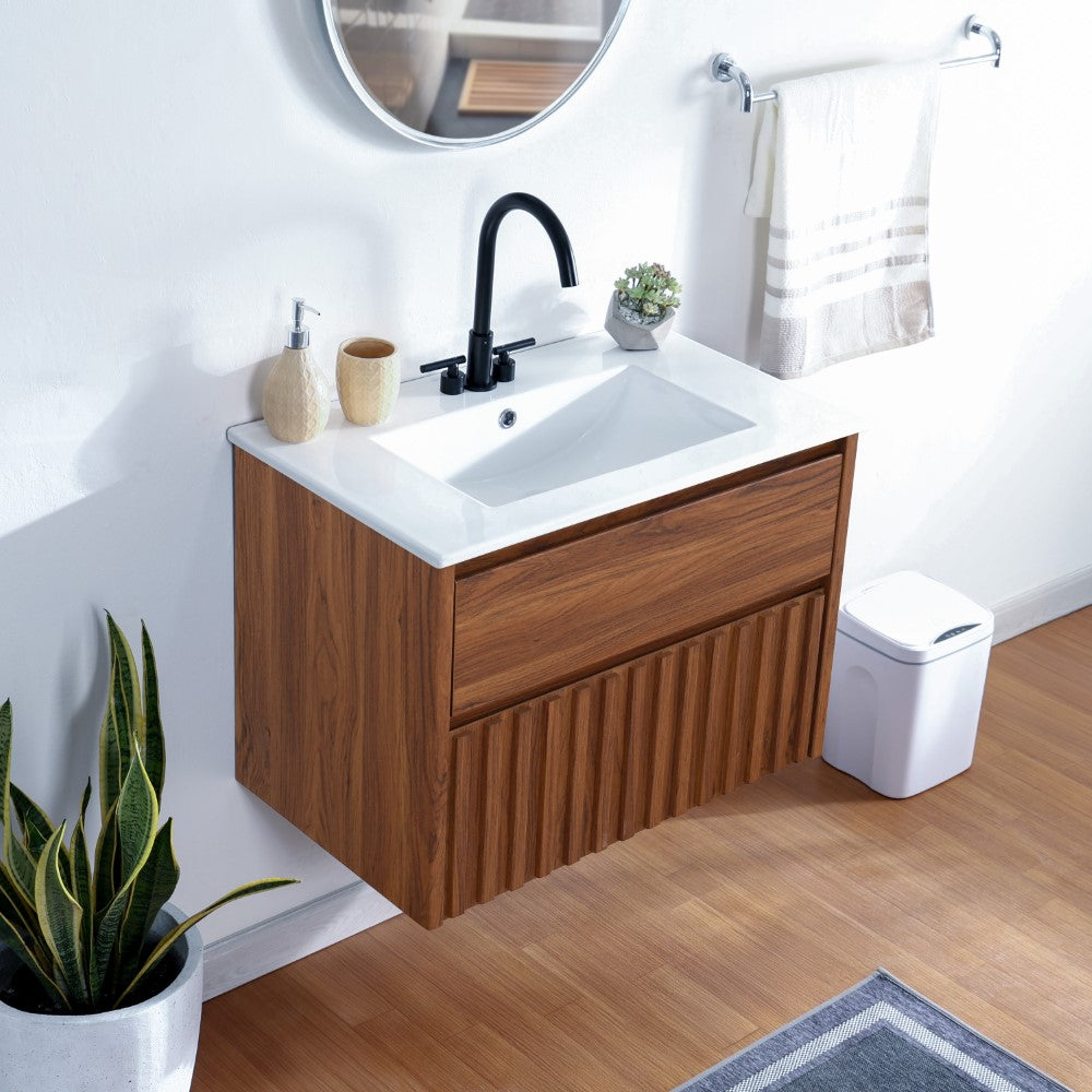 Pine Slat Modern Coastal 2-Drawer Wall Mounted Bath Vanity Cabinet Only (Sink Basin Not Included)