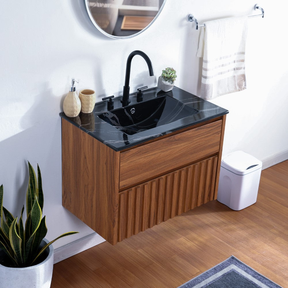 Pine Slat Modern Coastal 2-Drawer Wall Mounted Bath Vanity Cabinet Only (Sink Basin Not Included)