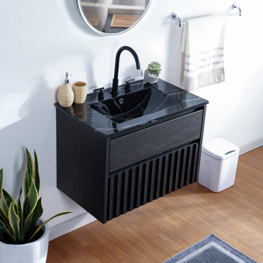 Pine Slat Modern Coastal 2-Drawer Wall Mounted Bath Vanity Cabinet Only (Sink Basin Not Included)