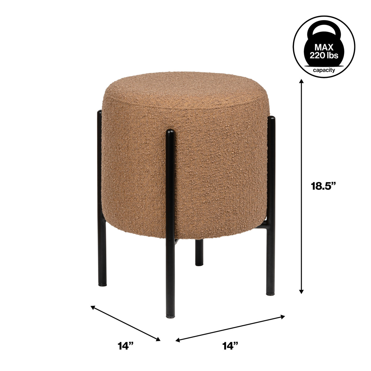 Paddy 18.5" Modern Minimalist Round Backless Metal/Bouclé Cushioned Vanity Stool