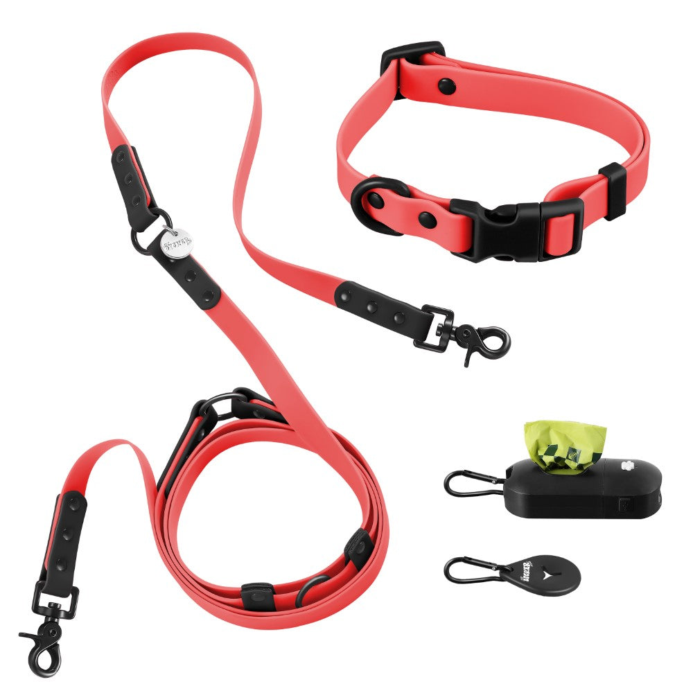 Shri 8FT Adjustable 6-in-1 Waterproof Hands-Free Leash and Collar with LED Flashlight Bag Dispenser and Poop Bag Holder