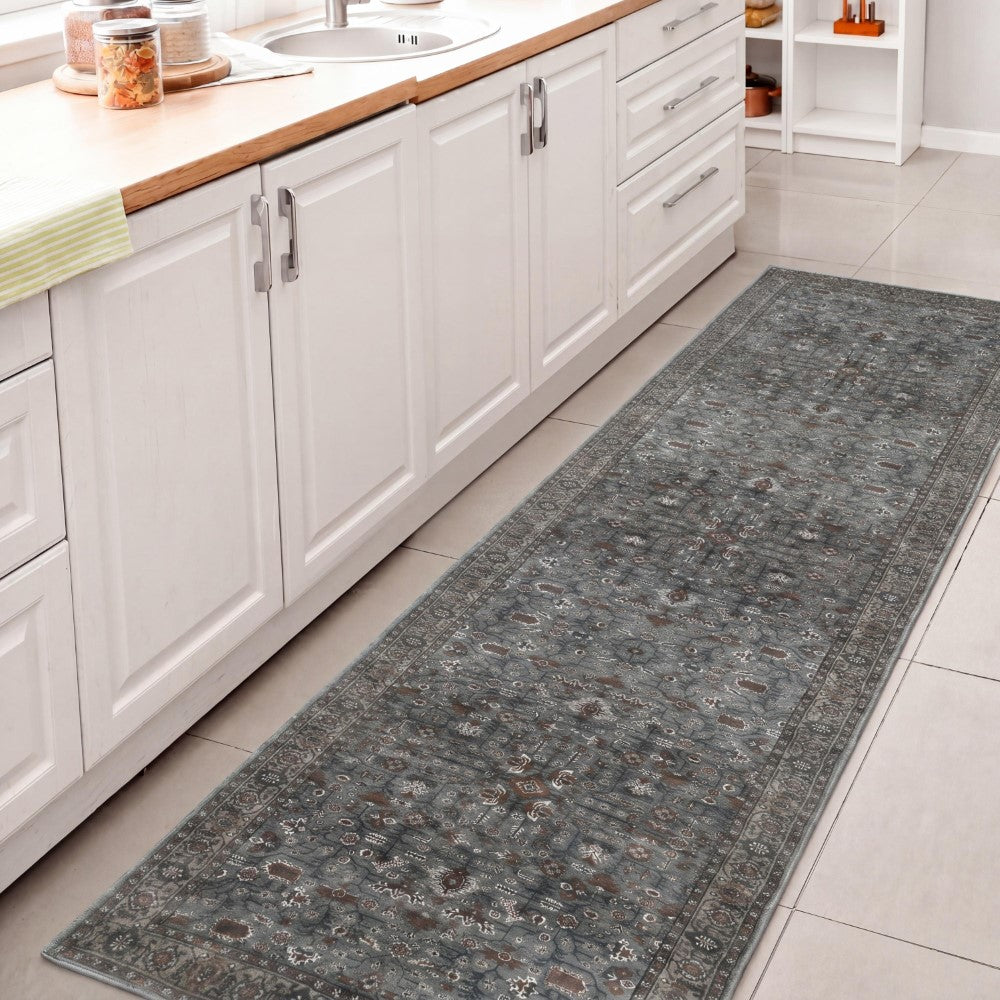 Solmere Medallion All-over Floral Border Non-slip Machine-washable Area Rug