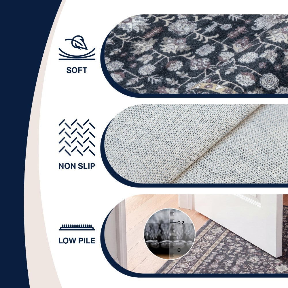 Solmere Medallion All-over Floral Border Non-slip Machine-washable Area Rug