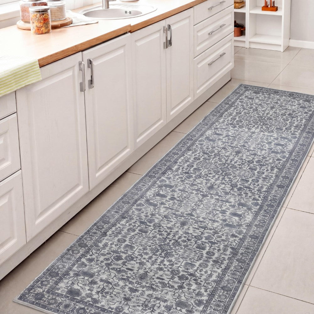 Solmere Medallion All-over Floral Border Non-slip Machine-washable Area Rug