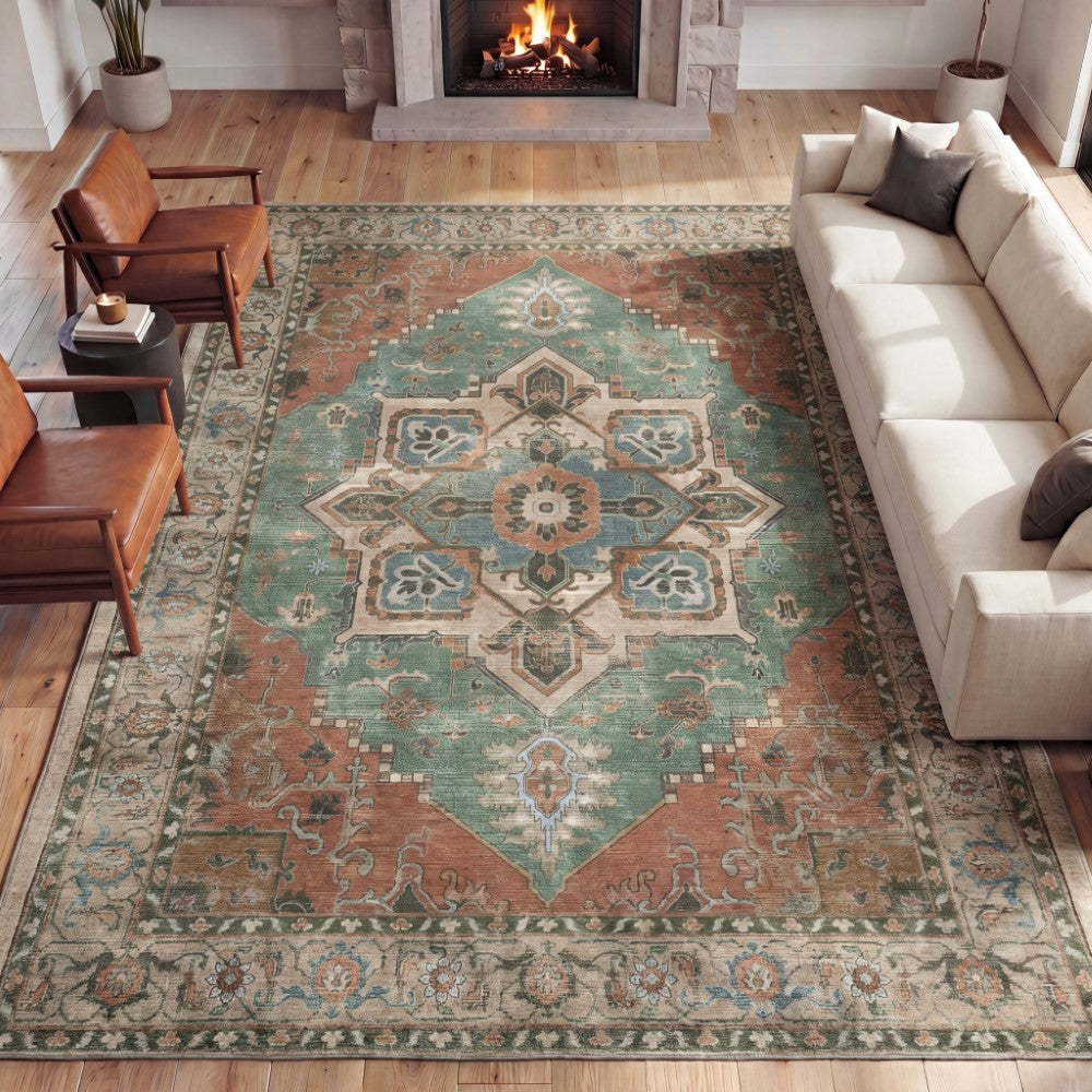 Elowen Ornate Large Medallion Border Non-slip Machine-washable Area Rug