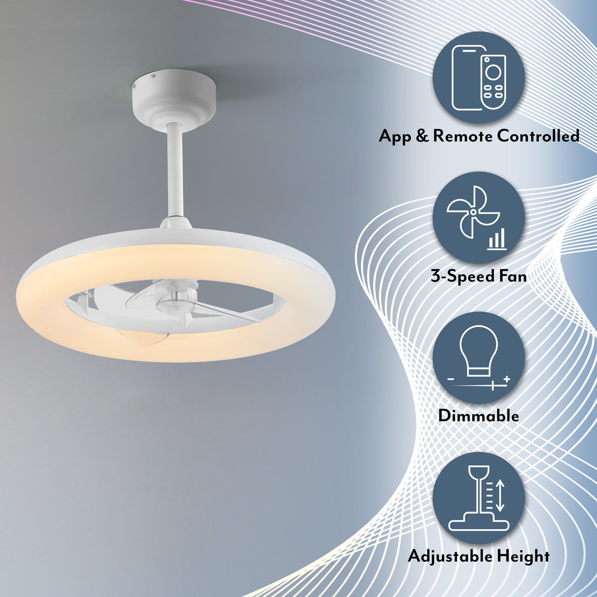 Bhavu 21.5" Contemporary Minimalist 3-Speed Metal Mobile-App/Remote-Controlled Dimmable Smart Integrated LED Ceiling Fan