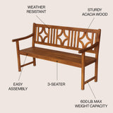Teak Ogee Diamond-Back 600-Lbs Support Acacia Wood Outdoor Garden Patio Bench