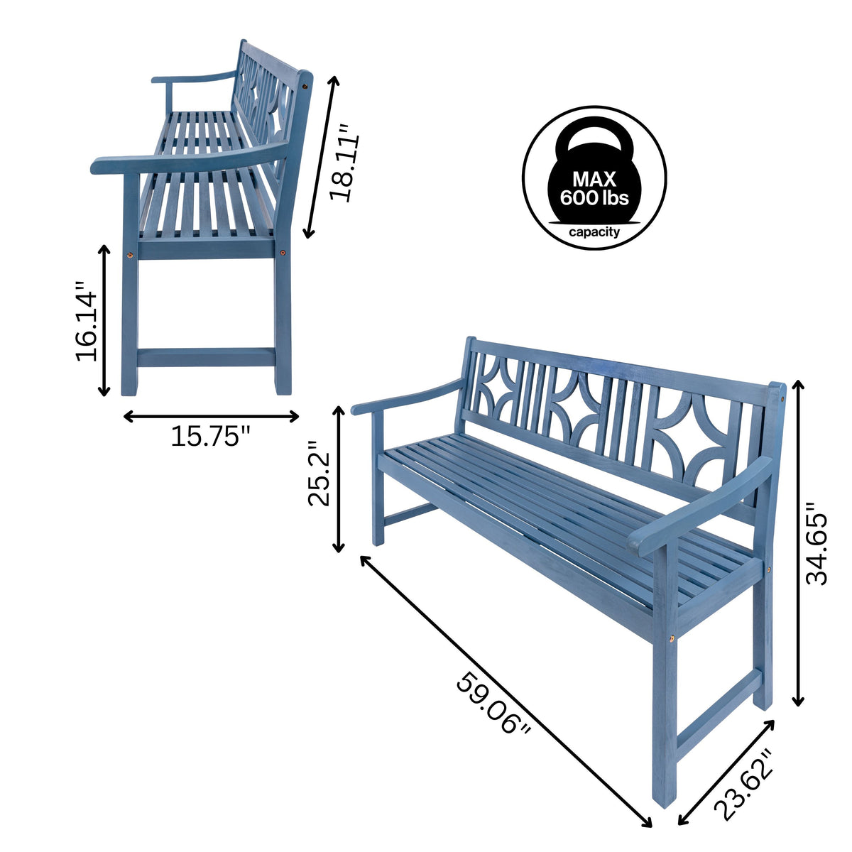 Teak Ogee Diamond-Back 600-Lbs Support Acacia Wood Outdoor Garden Patio Bench