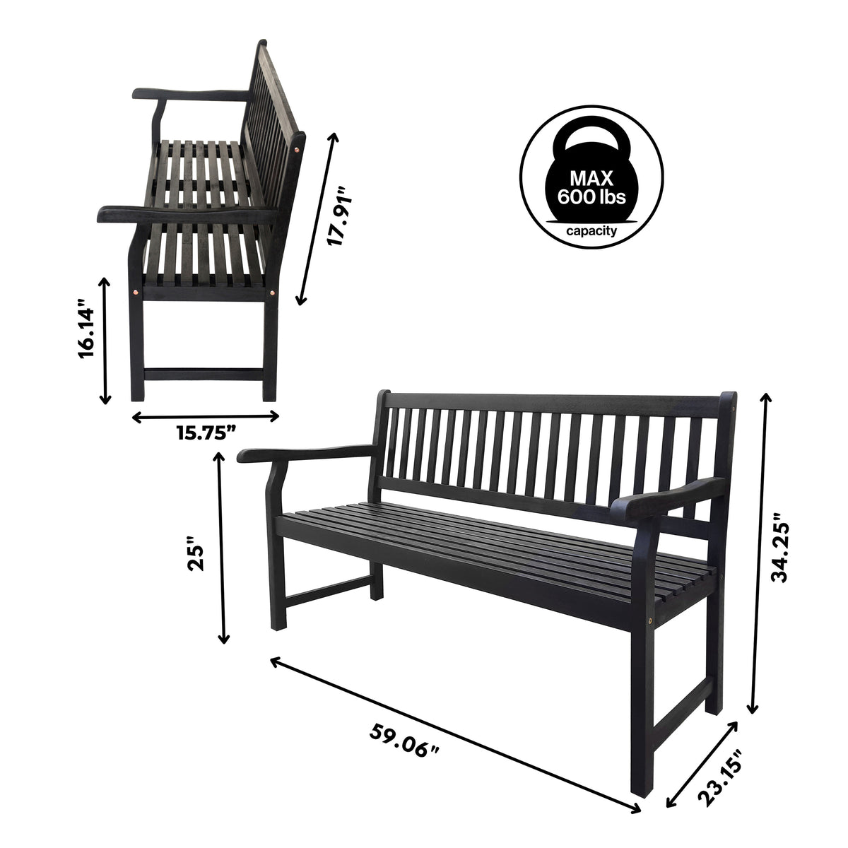 Mischa Slat-Back 600-Lbs Support Acacia Wood Outdoor Garden Patio Bench