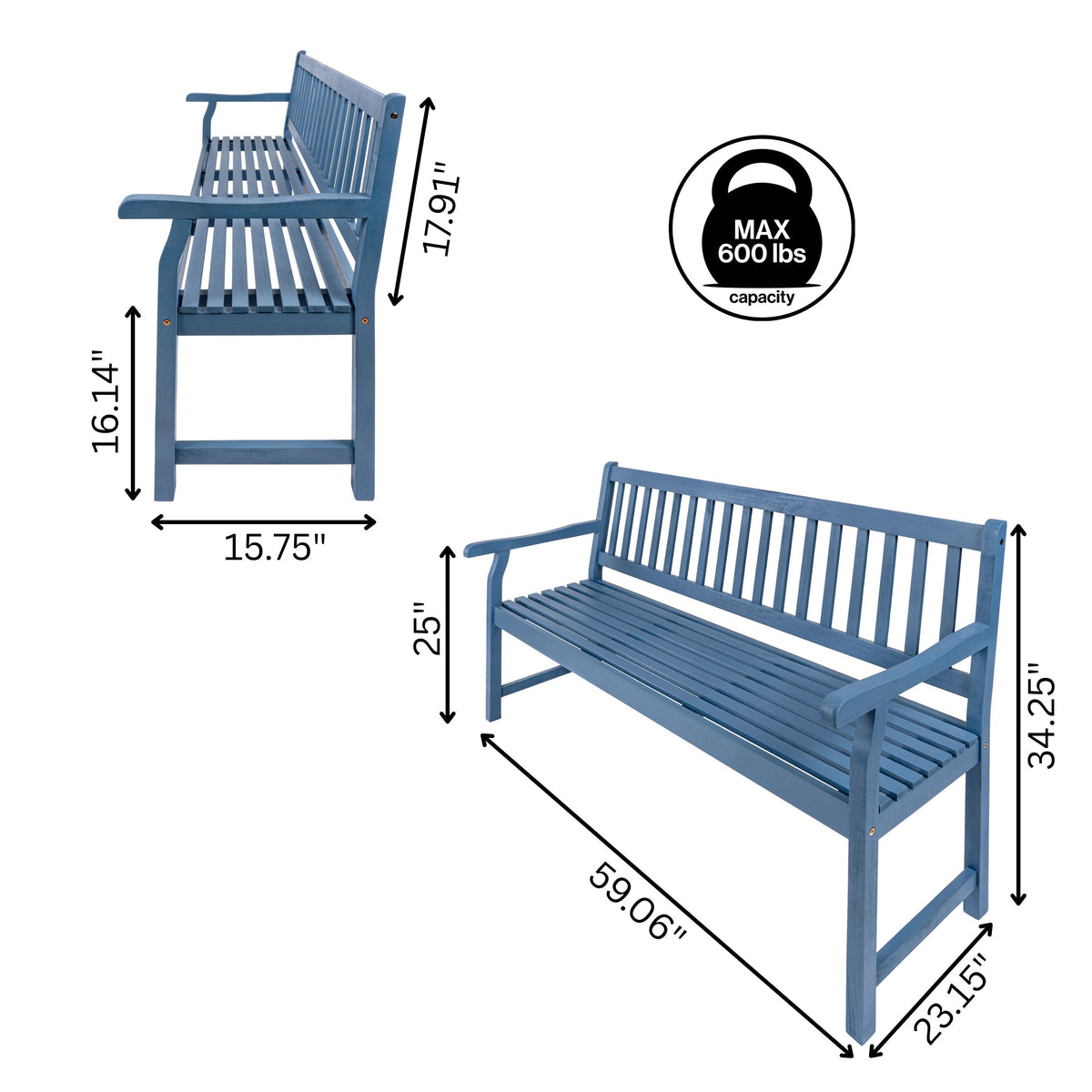Mischa Slat-Back 600-Lbs Support Acacia Wood Outdoor Garden Patio Bench