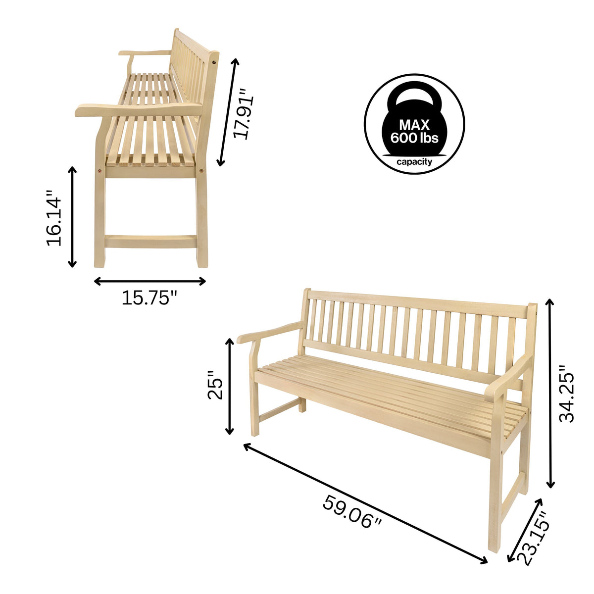 Mischa Slat-Back 600-Lbs Support Acacia Wood Outdoor Garden Patio Bench