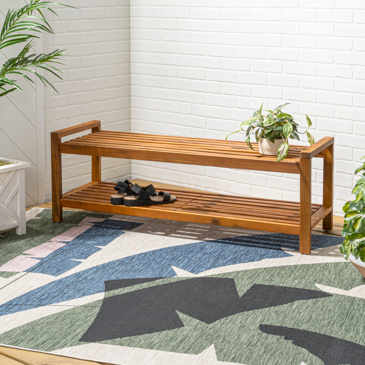 Walker 50.8" 3-Seat Mid-Century Modern 600-Lbs Support Acacia Wood Slat Outdoor Shoe Rack