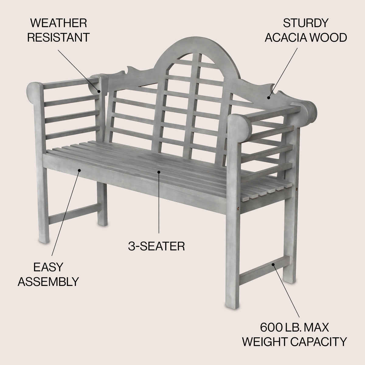 Wally Arched 600-Lbs Support Acacia Wood Outdoor Garden Patio Bench