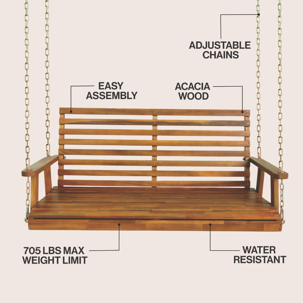 Solen 51" Coastal Farmhouse 2-Seat Slate-Back 705-Lbs Support Acacia Wood Outdoor Porch Swing