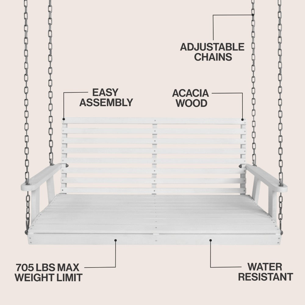 Solen 51" Coastal Farmhouse 2-Seat Slate-Back 705-Lbs Support Acacia Wood Outdoor Porch Swing