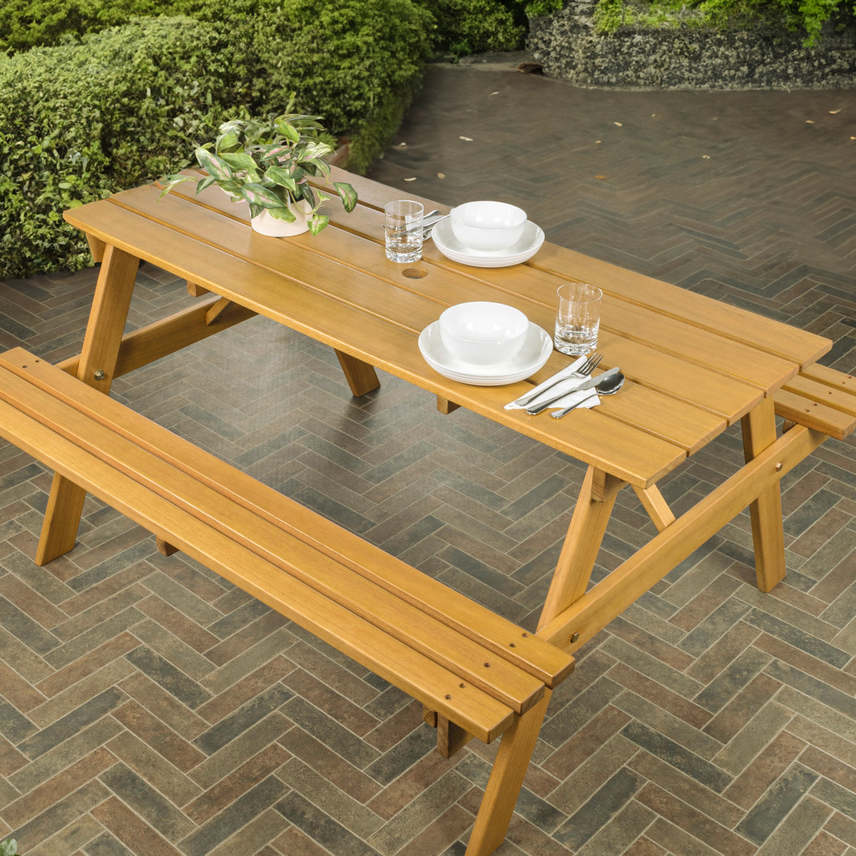 Giantex 59" Modern Classic Outdoor Wood Picnic Table Benches with Umbrella Hole