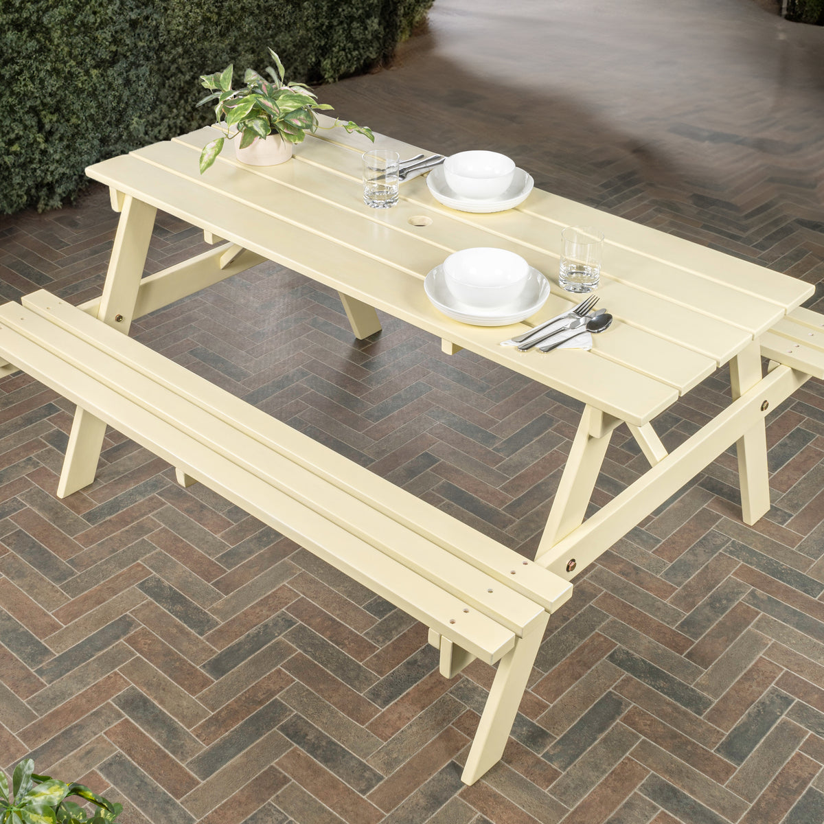 Giantex 59" Modern Classic Outdoor Wood Picnic Table Benches with Umbrella Hole