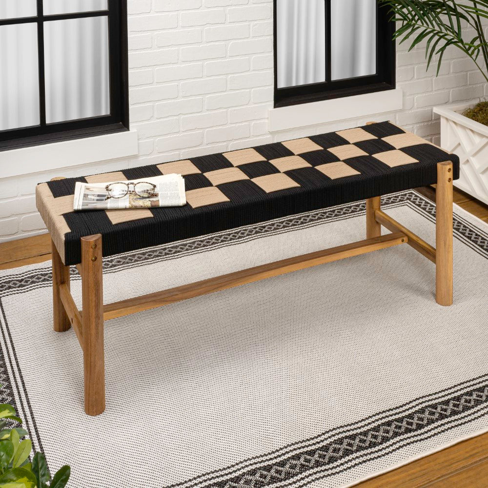 Lunapine 48" 2-Seat Backless 700-Lbs Support Acacia Wood Outdoor Bench With Checkerboard Woven Rope Seat