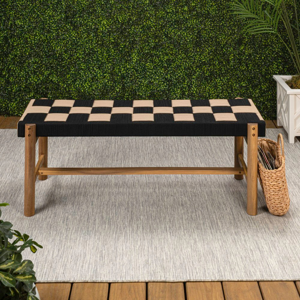 Lunapine 48" 2-Seat Backless 700-Lbs Support Acacia Wood Outdoor Bench With Checkerboard Woven Rope Seat