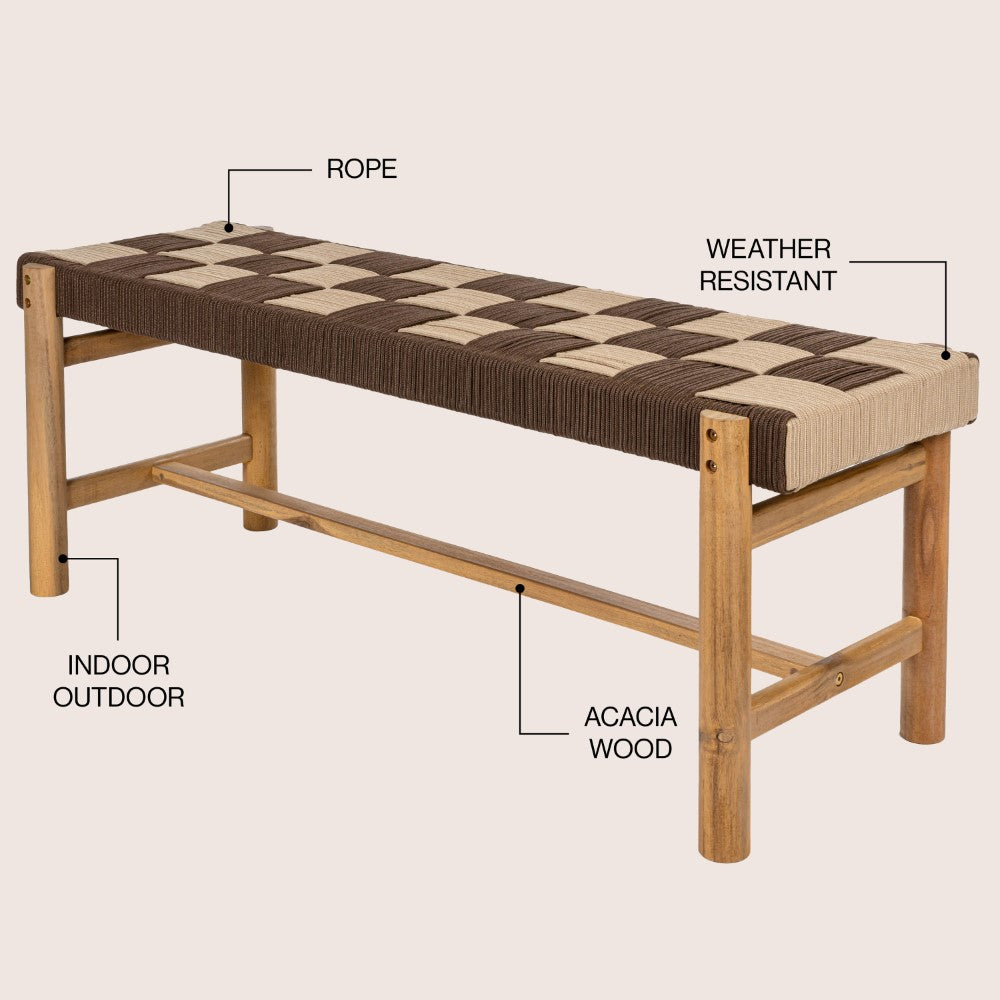 Lunapine 48" 2-Seat Backless 700-Lbs Support Acacia Wood Outdoor Bench With Checkerboard Woven Rope Seat