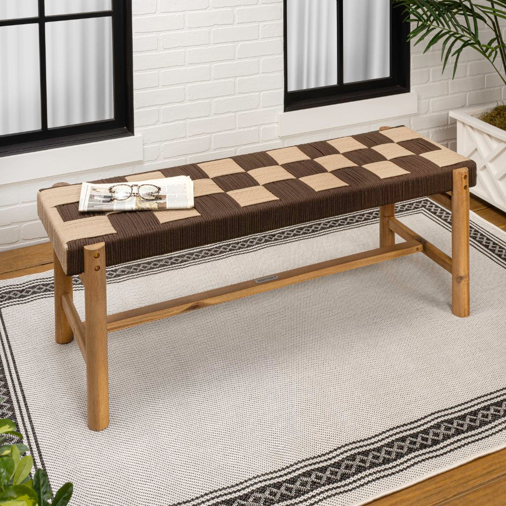 Lunapine 48" 2-Seat Backless 700-Lbs Support Acacia Wood Outdoor Bench With Checkerboard Woven Rope Seat