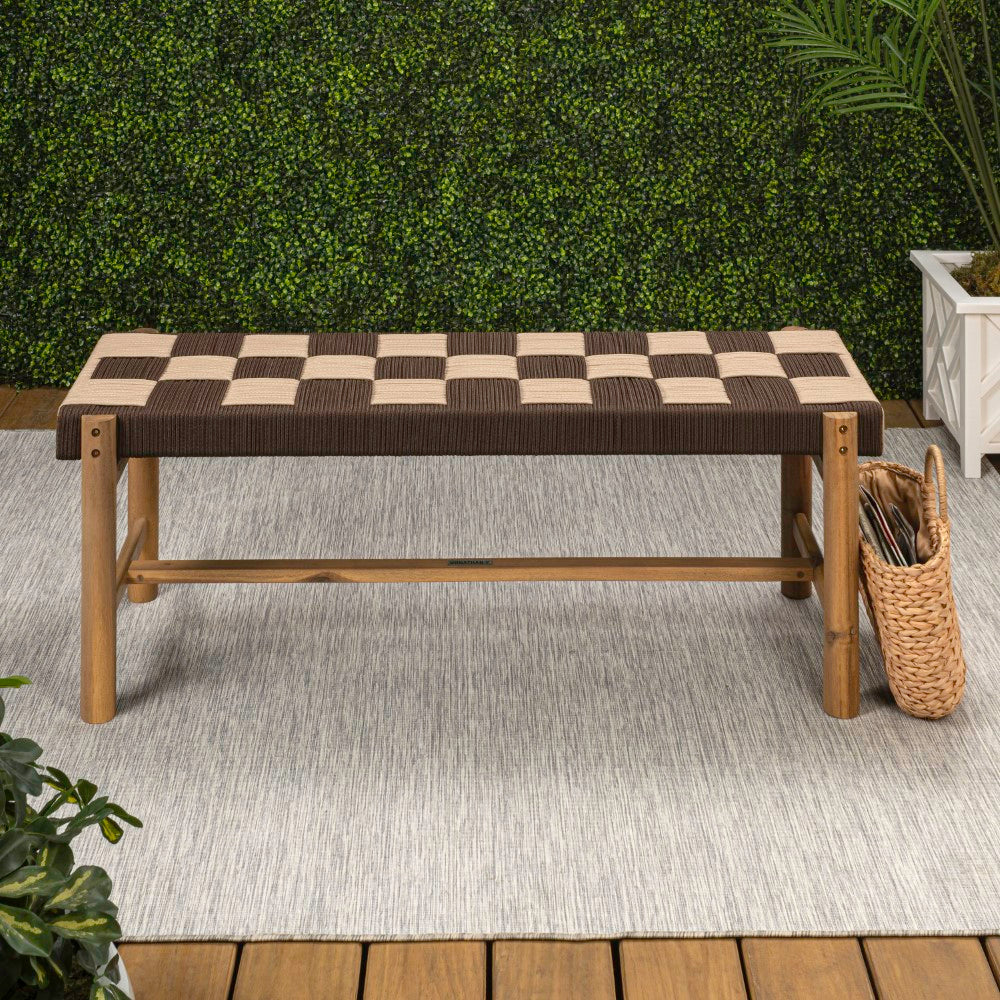 Lunapine 48" 2-Seat Backless 700-Lbs Support Acacia Wood Outdoor Bench With Checkerboard Woven Rope Seat