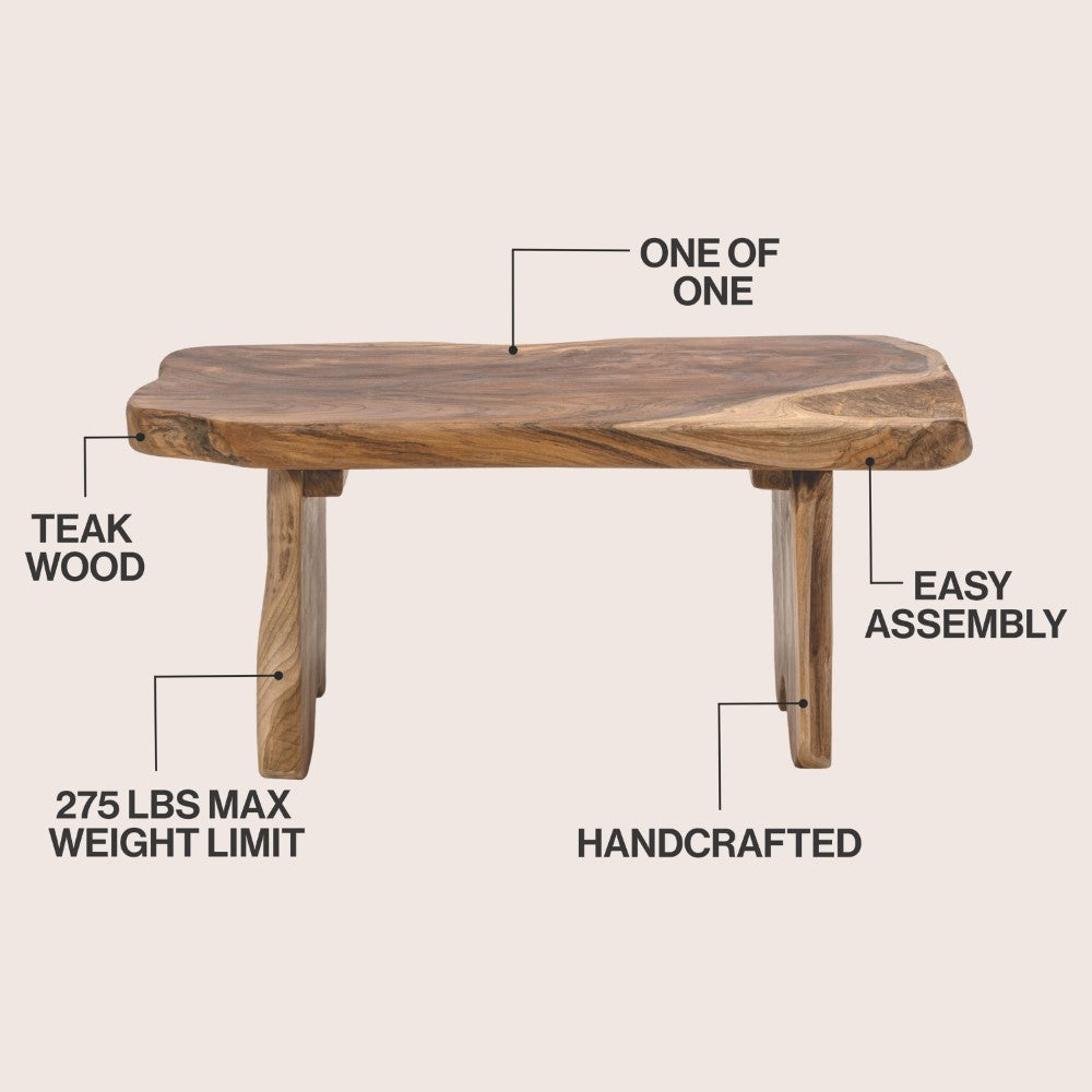 Arvyn 35.4" Handcrafted Rustic Minimalist Live Edge Solid Teak Wood Entryway Bench