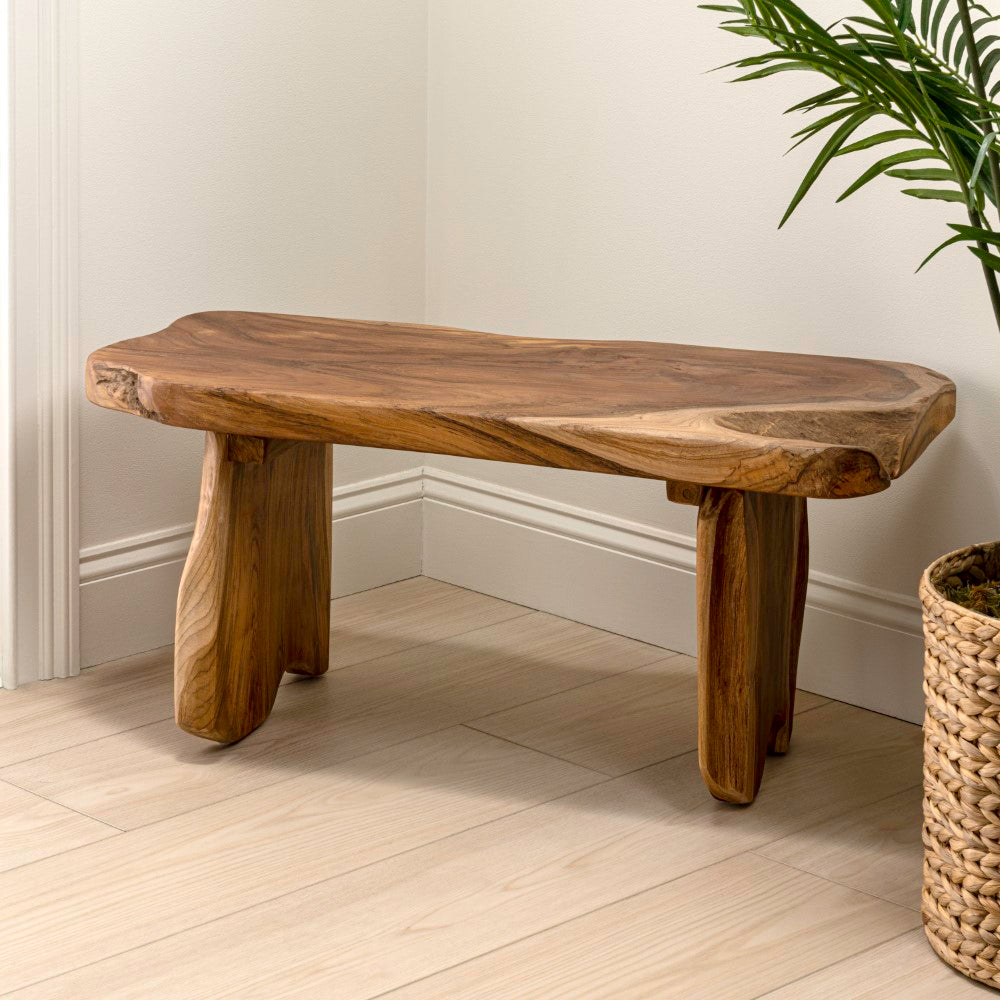 Arvyn 35.4" Handcrafted Rustic Minimalist Live Edge Solid Teak Wood Entryway Bench