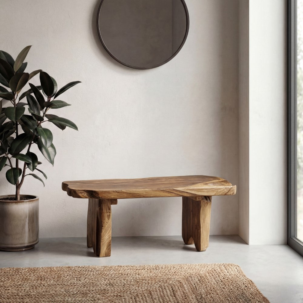 Arvyn 35.4" Handcrafted Rustic Minimalist Live Edge Solid Teak Wood Entryway Bench